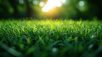 Naklejka premium Morning sunshine illuminating fresh green grass in a serene natural landscape close-up view of nature