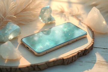 Smartphone on a wooden platform with crystals and soft lighting - spiritual and energetic work contact - AI generated
