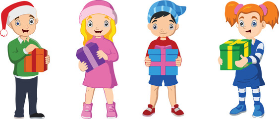 Group of happy children holding colorful gift boxes, Christmas holiday celebration, festive cartoon style artwork, smiling kids with presents, cad drawing flat vector illustration