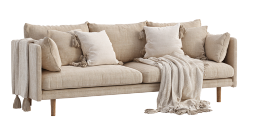 Light beige linen sofa with throw pillows and blanket