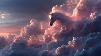 Enchanting unicorn emerges from ethereal clouds at sunset over a dreamy sky