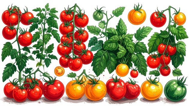 Colorful tomato plants with various ripe and unripe tomatoes