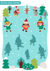 Christmas village shadow matching activity with elves, animals ice skating on rink with trees, snowflakes. Winter holiday puzzle with cute scene. New Year find correct silhouette worksheet