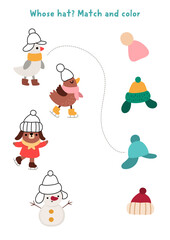 Christmas village matching and coloring activity with cute animals and hats. Winter holiday puzzle with goose, bird, puppy, snowman. Match the objects game. New Year printable worksheet