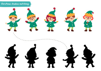 Christmas village shadow matching activity with cute elves in green clothes. Winter holiday puzzle with traditional characters. New Year find correct silhouette printable worksheet, game
