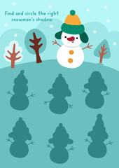 Christmas village shadow matching activity with cute scene and snowman. Winter holiday puzzle with traditional character. New Year find correct silhouette printable worksheet, game