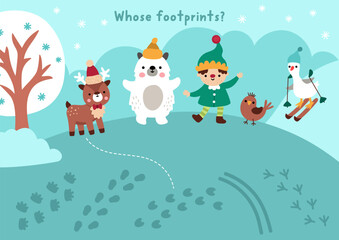 Christmas village matching activity with cute animals, elf and footprints. Winter holiday puzzle with polar bear, deer, goose on ski. Match object game with foot prints. New Year printable worksheet © Lexi Claus