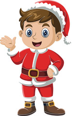 Cute boy dressed as Santa Claus character, waving hand, Christmas holiday costume, cartoon style festive artwork, happy child, cad drawing flat vector illustration