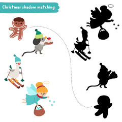 Fototapeta premium Christmas village shadow matching activity with gingerbread man, angel, goose, mouse. Winter holiday puzzle with traditional animals. New Year find correct silhouette printable worksheet, game