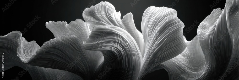 Poster abstract white wave-like forms created with intricate lines against a dark background showcasing ele