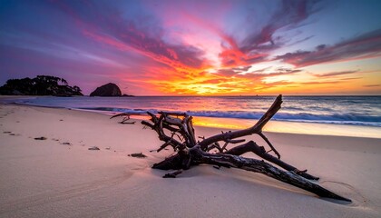 Driftwood sunset on sand