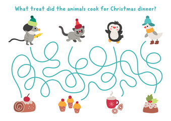 Obraz premium Christmas village maze for children with cute animals cooking treats for dinner. Funny simple labyrinth game with mouse, cat, goose, penguin. Winter holiday printable activity, worksheet