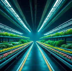 Futuristic Indoor Vertical Farm with LED Lighting and Colorful Crops
