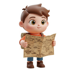 Boy with Backpack Holding Ancient Map in Transparent Background with Brown Hair and Orange Shirt