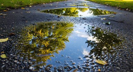 Puddle Reflection on Asphalt Path with Tree and Sky