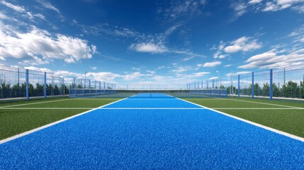 A blue and green tennis court under a blue sky with scattered clouds