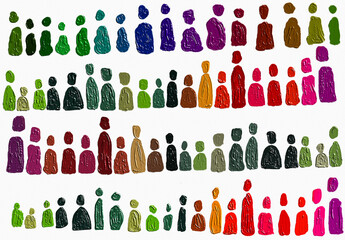 This image is an abstract artwork depicting numerous figures resembling people. The figures are rendered in a variety of vibrant colors and textured brushstrokes, giving the piece a sense of energy 