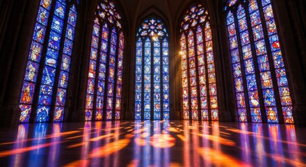 Obraz premium A vast cathedral interior, illuminated by vibrant stained glass windows, showcasing intricate designs and colorful light patterns on the polished floor.