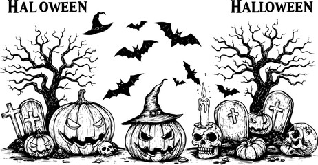 Obraz premium black and white vector illustration of an halloween set 