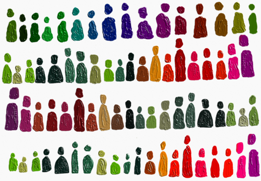 This image is an abstract artwork depicting numerous figures resembling people. The figures are rendered in a variety of vibrant colors and textured brushstrokes, giving the piece a sense of energy 