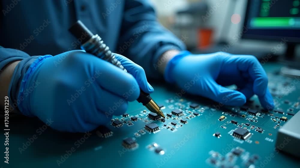 Poster worker in gloves testing electronic components with specialized equipment for quality verification i