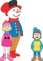 Cute children with snowman in winter clothes, cartoon style holiday characters, festive season artwork, smiling faces, cad drawing flat vector illustration