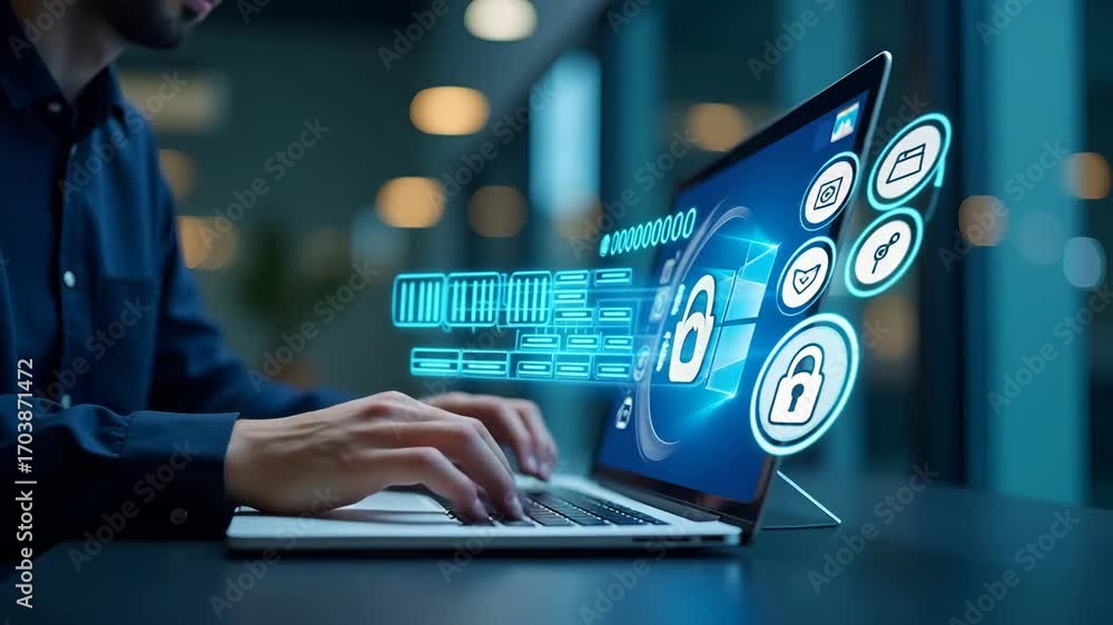 Poster flat businessman managing documents with online database and digital storage for efficient record ke