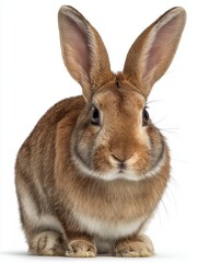 Obraz premium A brown rabbit sits upright showcasing its long ears and fluffy fur on a white backdrop
