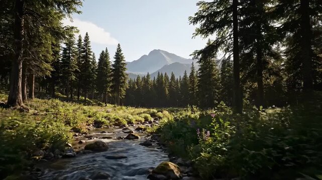 Camera moves through a forest stream towards distant mountains
