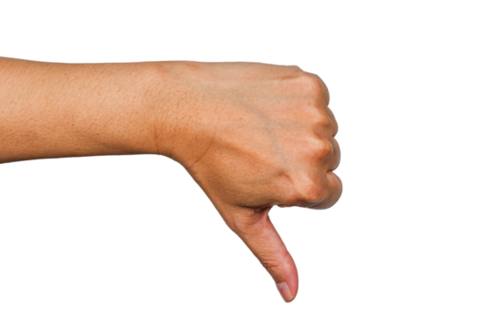 thumb down, hand gesture or finger gesture, hand sign isolated on transparent background