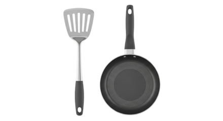 Ready for a tasty stir fry meal with a shiny new spatula and sleek non stick frying pan in a on transparent background