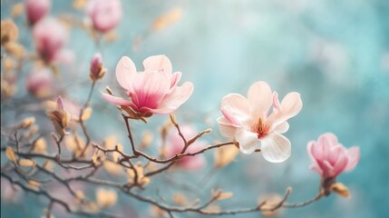 Obraz premium Magnificent magnolia blossoms display soft pink and white hues, showcasing delicate petals against a tranquil pastel backdrop during spring season, inviting a serene atmosphere.
