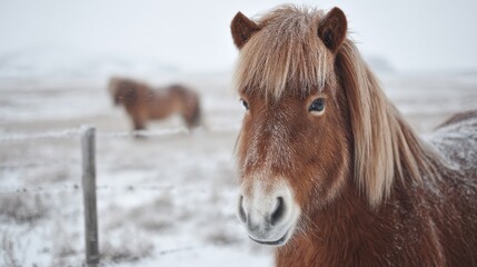 Horses stand in a snowy field during winter, surrounded by a serene landscape. The cold weather creates a tranquil atmosphere as they graze peacefully.