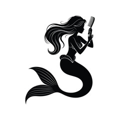 Mermaid Silhouette Illustration Combing Hair with Scales and Tail on a White Background