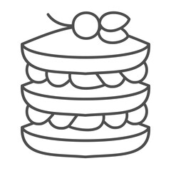 Puff pastry with cream and cherry thin line icon, desert sweets concept. Vector graphics. Baked pancakes sign on white background, outline style icon for mobile or web design.