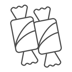 Two chocolate candies with sweet filling thin line icon, desert sweets concept. Vector graphics. Candies in wrapping sign on white background, outline style icon for mobile or web design.