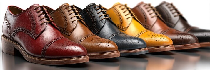 Different styles of dress shoes displayed on a reflective surface in a well-lit environment showcasing craftsmanship and colors