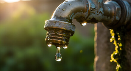 Vintage Metal Faucet with Water Droplets in Golden Sunset Light