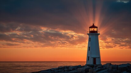 A lighthouse stands tall on rocky shores, bathed in warm golden light as the sun sets. Vibrant clouds fill the sky, creating a serene atmosphere by the ocean at dusk.