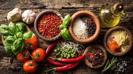 Fototapeta premium Vibrant vegetables and spices are arranged on a wooden table. Fresh tomatoes, garlic, herbs, and various seasonings create an inviting atmosphere for cooking.
