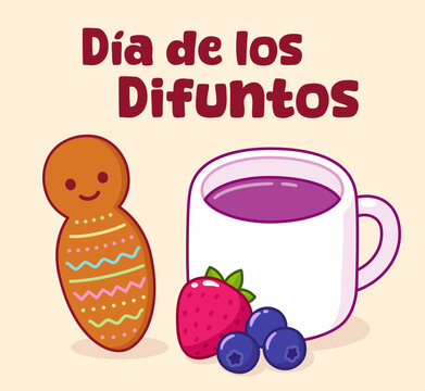 Guagua de pan (bread doll) and Colada morada drink, D&iacute;a de los Difuntos (Day of the Dead) tradition in Ecuador. Cute cartoon vector illustration.