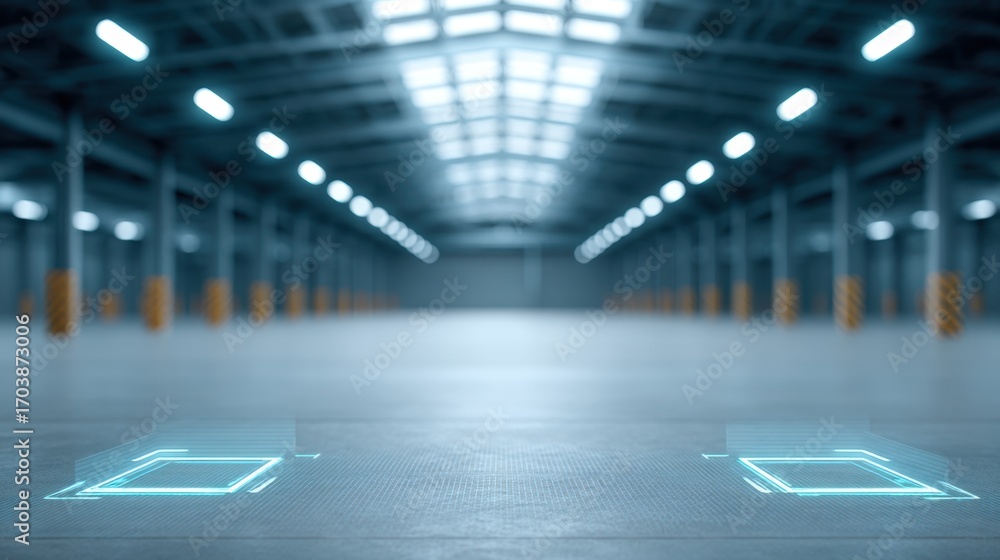 Poster modern empty warehouse interior with digital interface elements and futuristic design for innovative