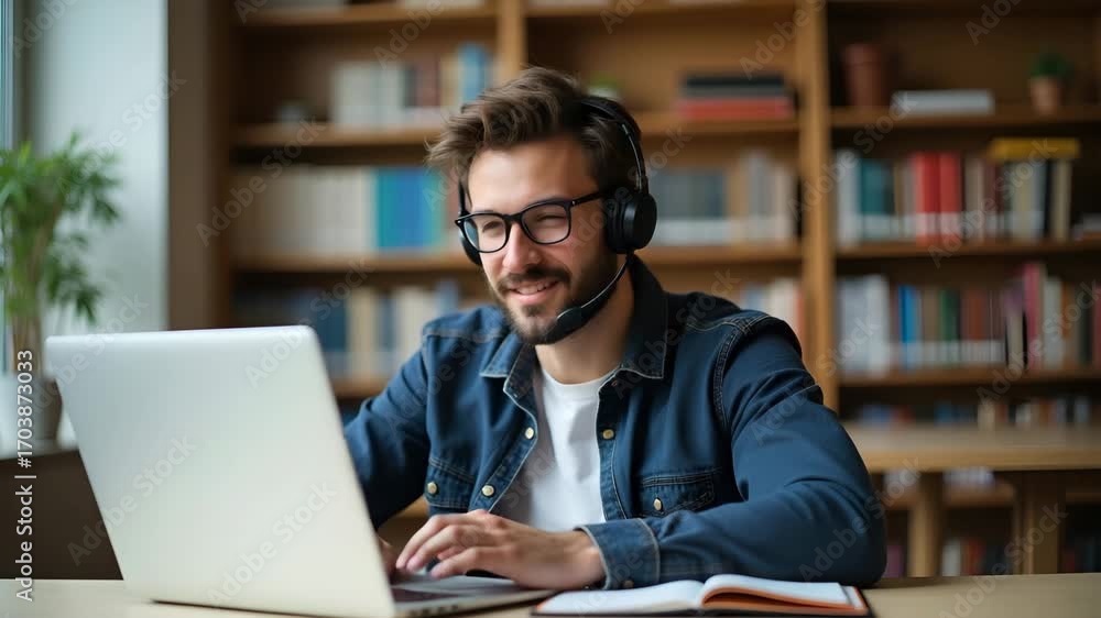 Poster smiling young man with wireless headset studying e-learning on laptop in library - online course web