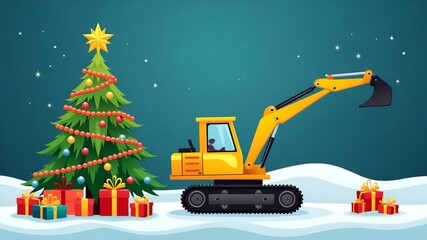 Flat Festive scene with yellow excavator beside decorated Christmas tree and gifts blending construction with holiday cheer. concept as Festive scene with yellow excavator beside decorated Christmas t - Powered by Adobe