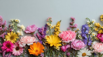 A vibrant selection of flowers displays a mix of colors and types, arranged harmoniously along a neutral background. Each bloom showcases its unique beauty and features.