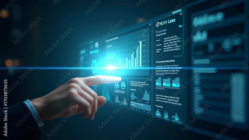 Poster hand interacting with holographic financial dashboard for real-time profit and loss tracking - stock