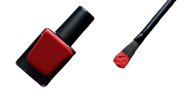 Red nail polish bottle and brush on transparent background