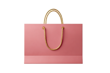 Front view of a light rose-pink paper shopping bag.  Gold handles