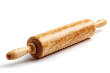 A wooden rolling pin with handles on a white background