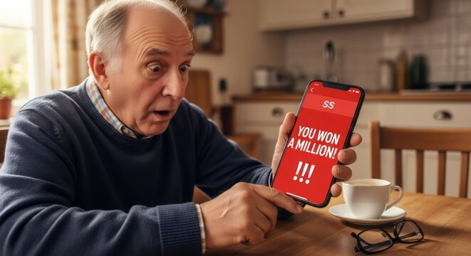caucasian man looking at phone with scam message. Older male gets a fraudulent notification message. Financial fraud and online security concept.